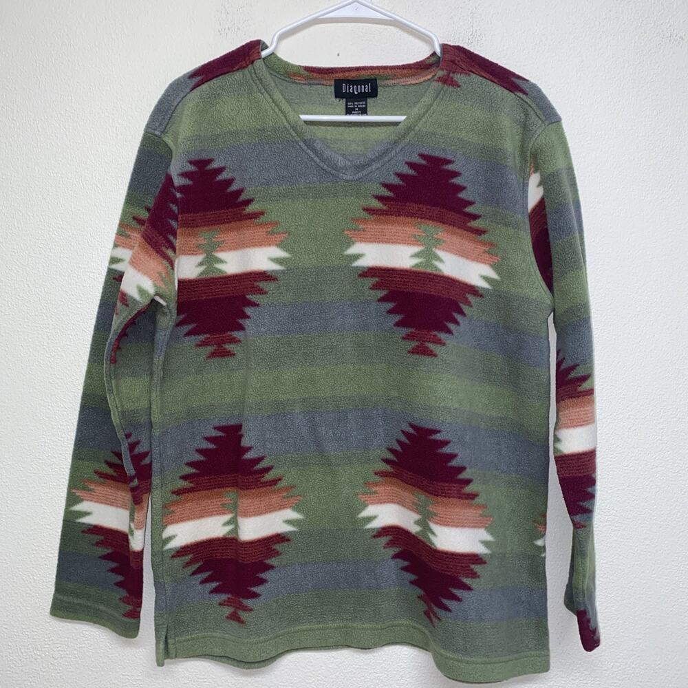 Vintage Pullover Fleece Sweater Aztec Navajo Southwest Sz M 90s V Neck